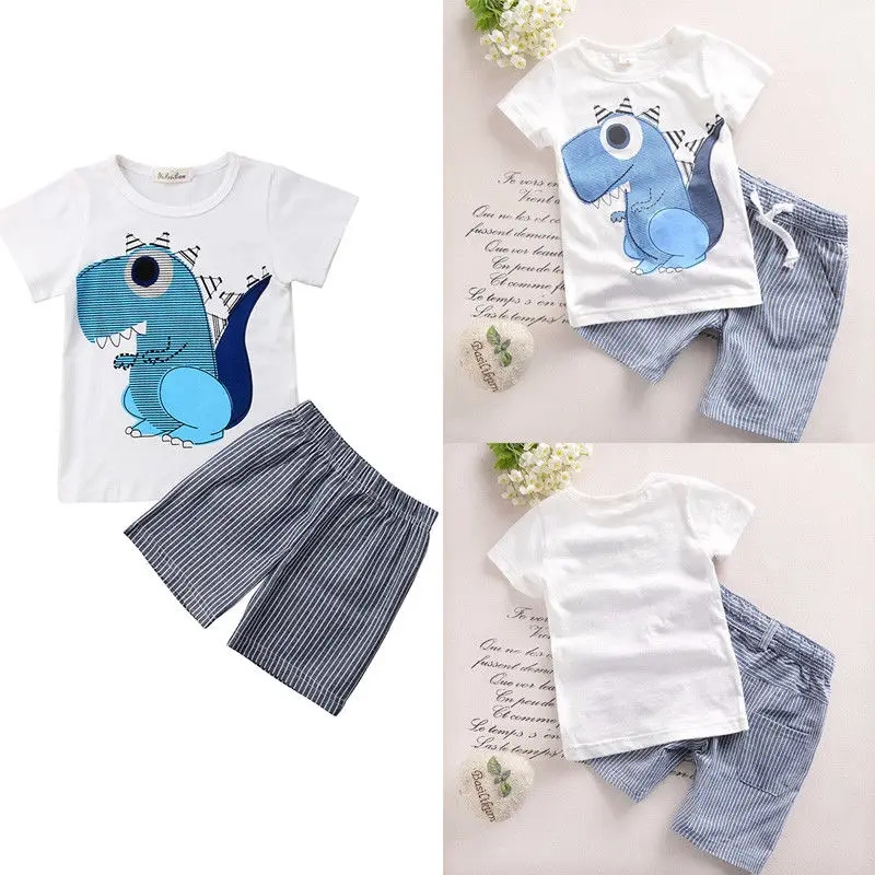 2019 New Summer Toddler Kid Baby Boy Clothes Causal Dinosaur T-shirt Top Tee Strip Short Pants Outfits Set 2PCS | Детская одежда и