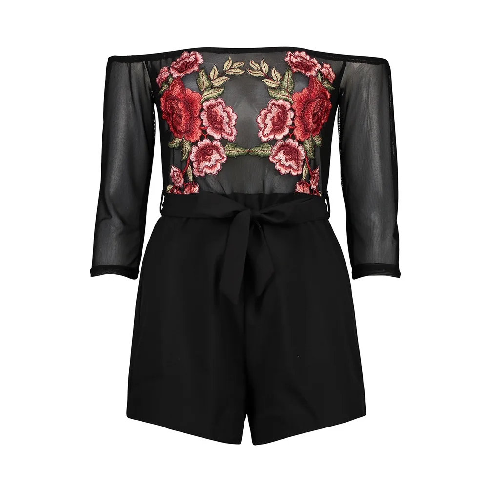 

Sexy Rompers Womens Jumpsuit Body Feminino Overalls Fitness Short Combinaison Pantalon Femme Elegante Embroidery Peony Mesh