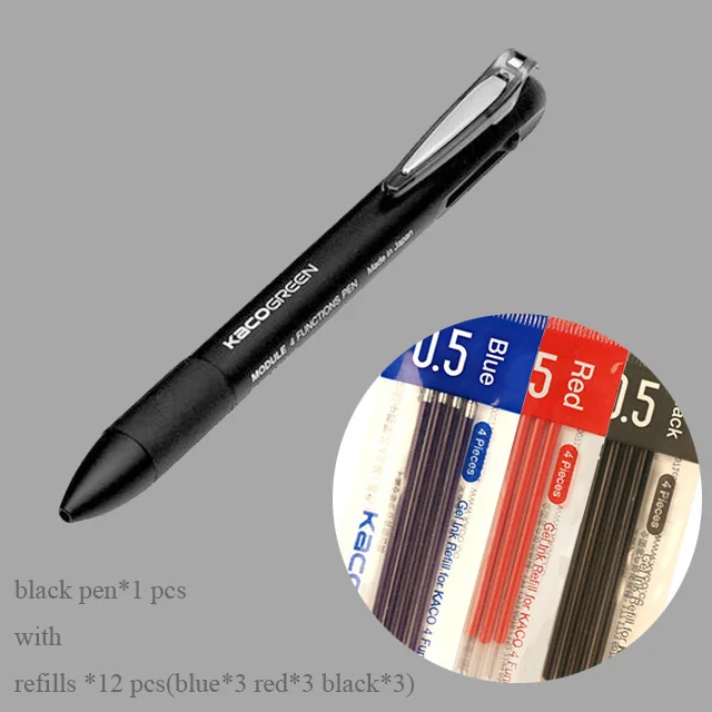 black N refills Xiaomi KACO 4 в 1 многофункциональные ручки 0,5 мм синий красный стержень сменный гелевый карандаш механический карандаш японские чернила Офис школа 2 - Цвет: black N refills