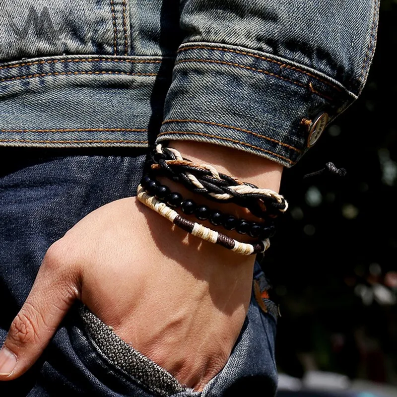 2017 ручной работы в стиле панк черного бисера многослойных плетеная веревка