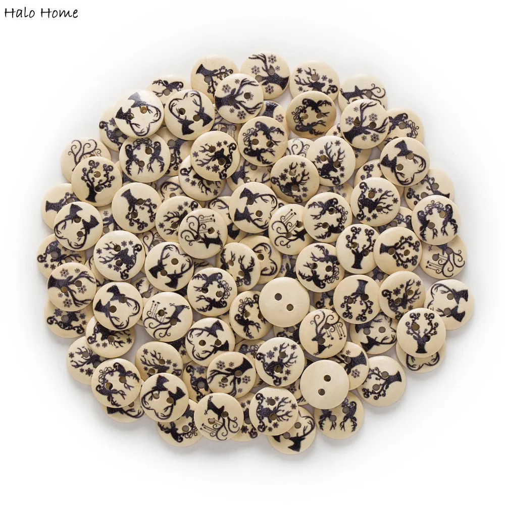 50 шт 2 отверстия черного цвета с принтом рождественского оленя и надписью круглые