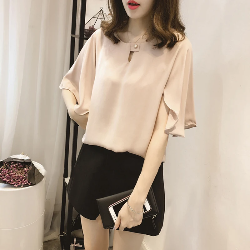 Женские шифоновые топы короткий рукав клеш футболка блузка летняя Однотонная