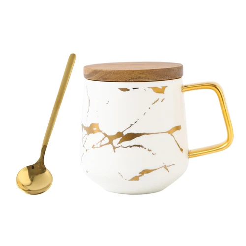 400ML 300/400 мл матовые керамические мраморные чашки для чая и кофе с деревянными блюдцами черно-белые золотые инкрустационные керамические чашки набор чашек для пар - Цвет: 400ML