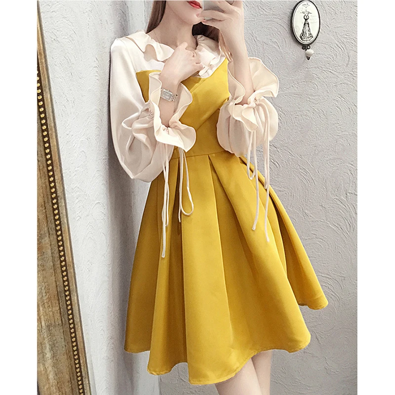 

2021 spring new women's dresses Korean version flounced base dress female slim was thin horn long sleeve women round neck dress