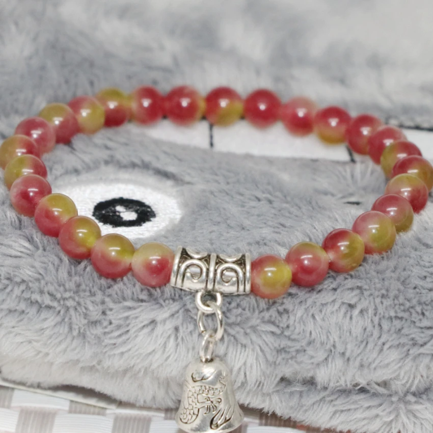 

Fashion natural rainbow colors jades stone chalcedony bracelet 6mm round beads bell accessories jewelry 7.5inche B1912