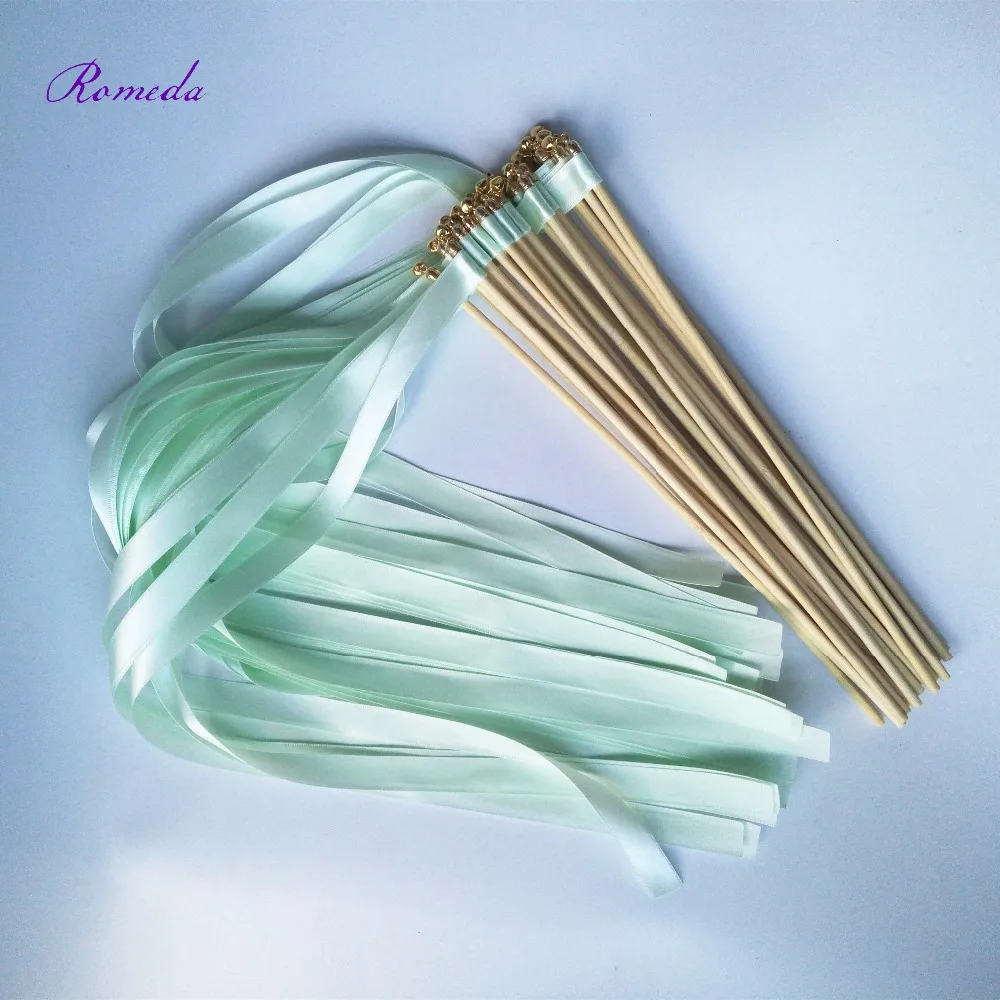 New Arrived 50Ppcs/lot light green stain ribbon wedding wands stick with gold bell ribon Stick Twirling Streamers for | Дом и сад