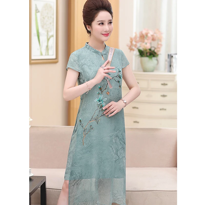 Женское платье Летнее Длинное Cheongsam модное элегантное свободное шифоновое выше