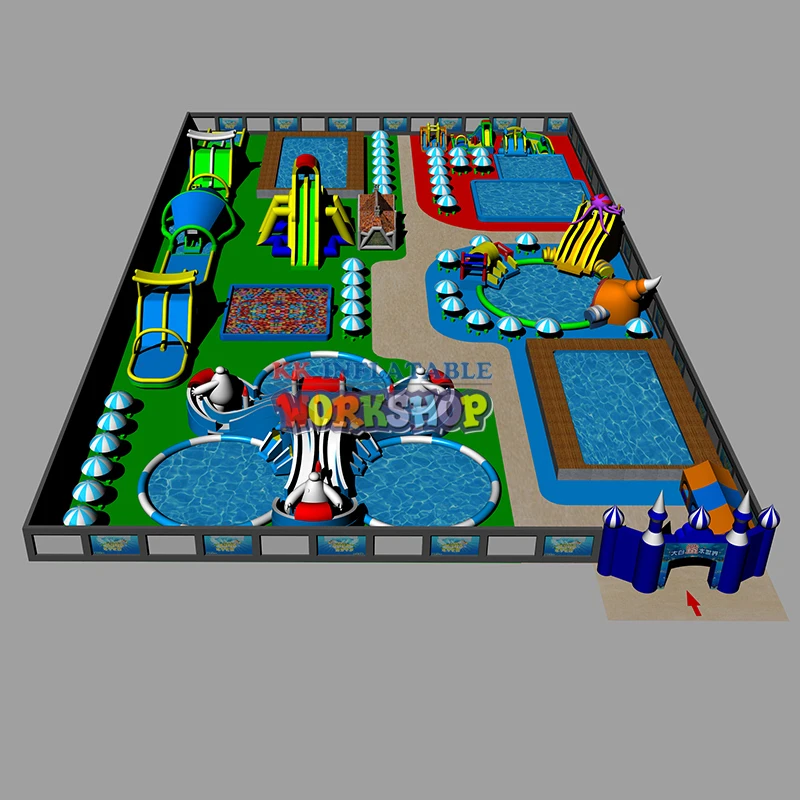Beste Outdoor Waterpark Projecten Apparatuur, Frame Zwembad Water Park Met Opblaasbare Glijbaan Op Het Land