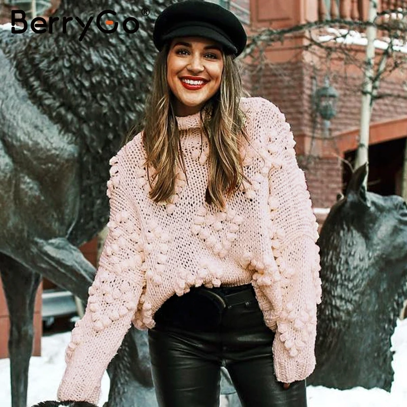 BerryGo Vintage autumn winter knitted sweaters women Casual O neck long sleeve pink pullovers female Pompon loose ladies jumpers | Женская