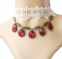 retro white lace necklace antique bronze charms red rhinestone choker coctail evening dress accessories women wedding jewelry