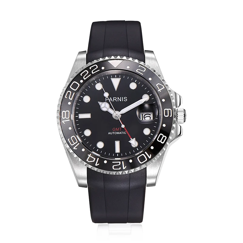 rubber red needle Parnis 40 мм черный циферблат автоматические механические мужские часы GMT Diver Мужские часы лучший бренд класса люкс Saphire Cristal relogio - Цвет: rubber red needle