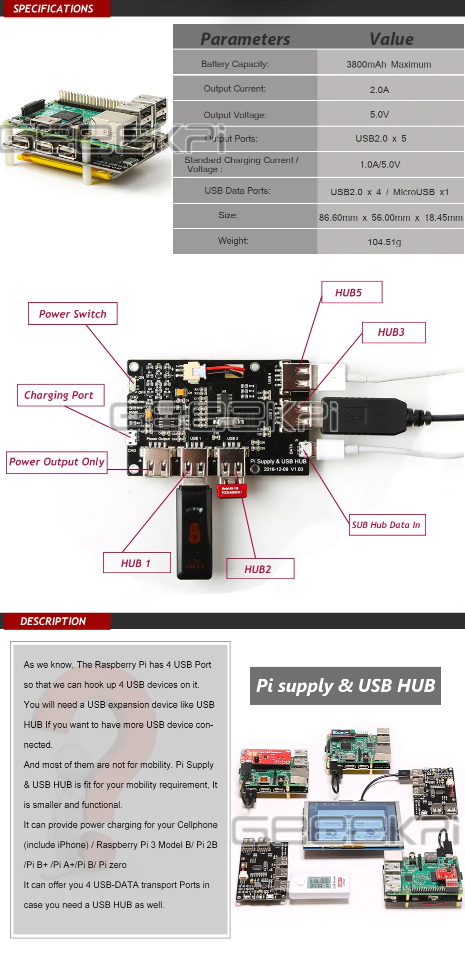 GeeekPi 3800 мА/ч, 5-Порты и разъёмы USB 2,0 концентратор Питание модуль для Raspberry Pi 3/2 Модель B/B+/Raspberry Pi Zero