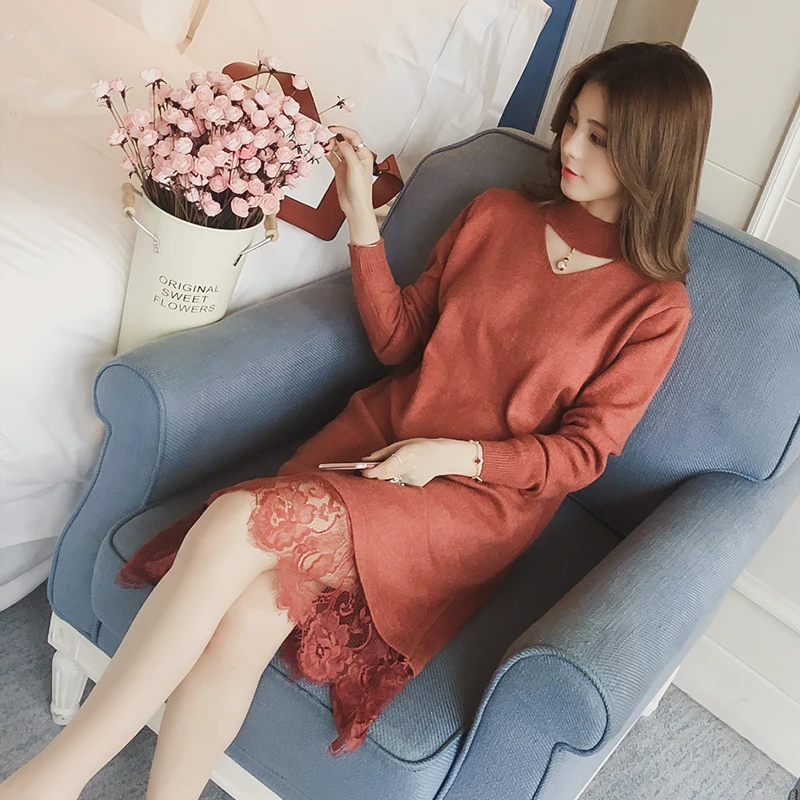 Новое весеннее женское трикотажное свободное прямое платье с длинным рукавом и