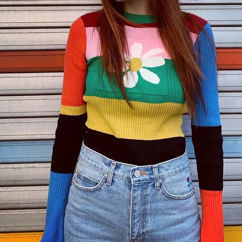 Vintage Sweaters Women 2018 New Fashion Rainbow Striped Fitness Autumn Winter Tops Harajuku Girls Flare Sleeve Jumper Femme | Женская