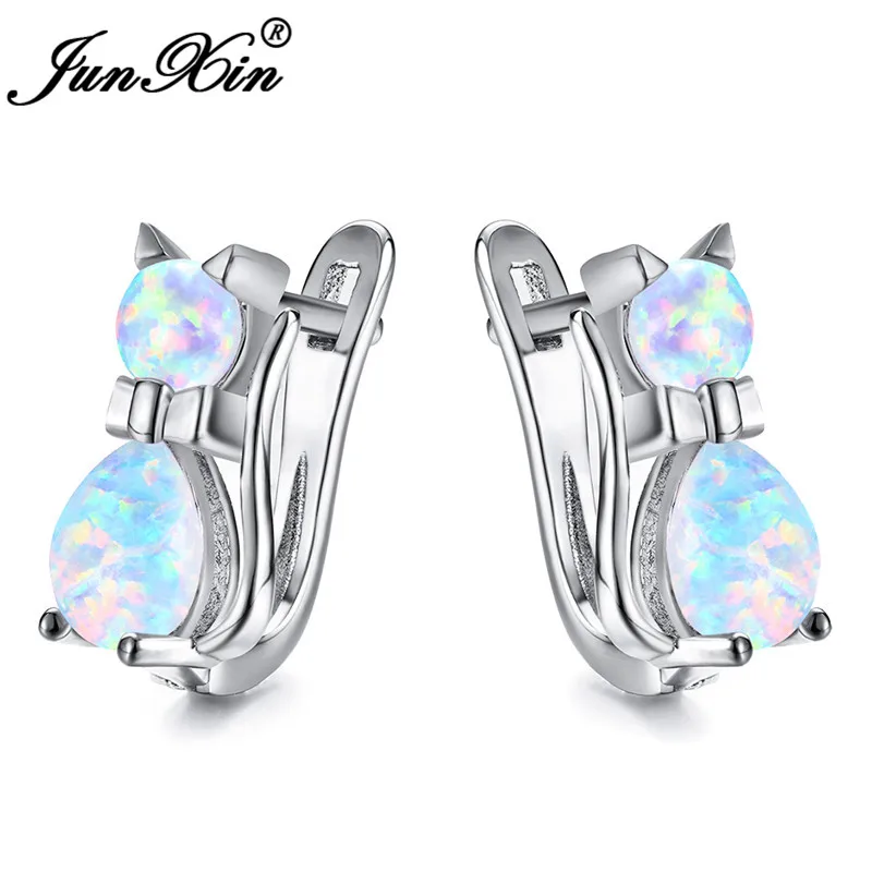 Silver White Opal Милые женские маленькие серьги-кольца с котом, синие, фиолетовые, розовые, белые серьги с огненным опалом для женщин, 925 пробы, серебряные, розовые, золотые серьги - Окраска металла: Silver White Opal