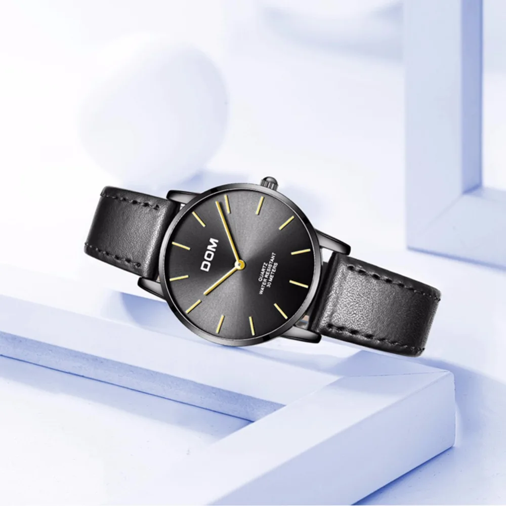 DOM модные женские часы Топ люксовый бренд черные часы женские кожаные водонепроницаемые ультра тонкие кварцевые наручные часы femme G-36BL-1MT