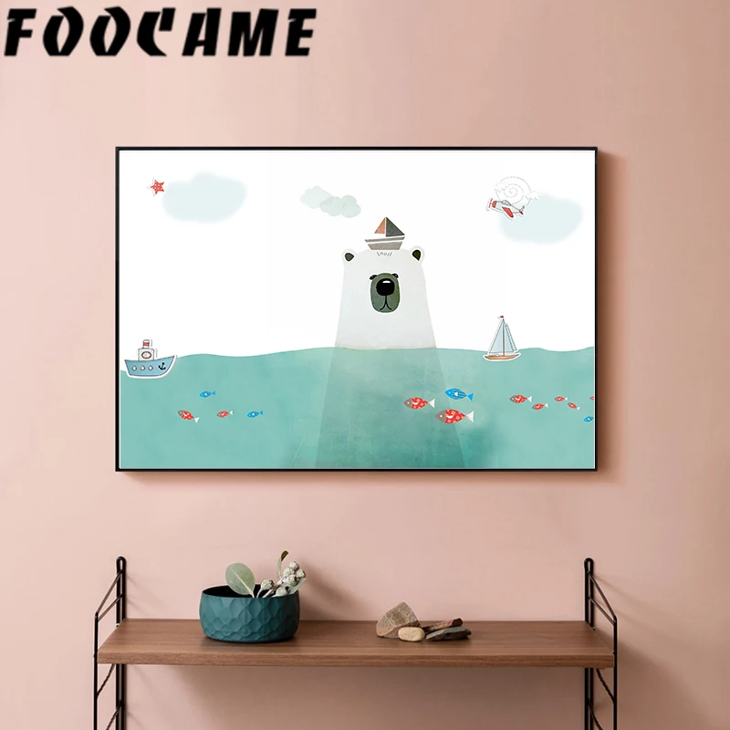 FOOCAME Polar Bear Sea Fish Cartoon Nordic Poster Print Nursery Wall Art Canvas Painting Kids Room Home Decoration Pictures | Дом и сад