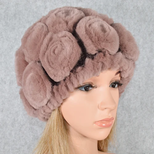 khaki pink Зимняя шапка из меха кролика Рекс женская вязаная натуральный мех кролика рекс цветы шапочки шапки Теплый мягкий Настоящий мех кролика шапки - Цвет: khaki pink