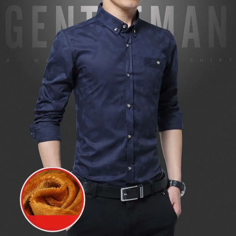 Мужская рубашка 2018 Новая зимняя мужская повседневная однотонная флисовая