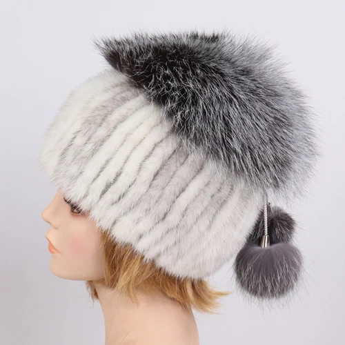 CROSS MINK WHITE Новое поступление, роскошные женские импортные шапки из натурального меха норки, женские зимние теплые шапки из хорошего эластичного меха норки, Пушистая Шапка из меха серебристой лисы - Цвет: CROSS MINK WHITE