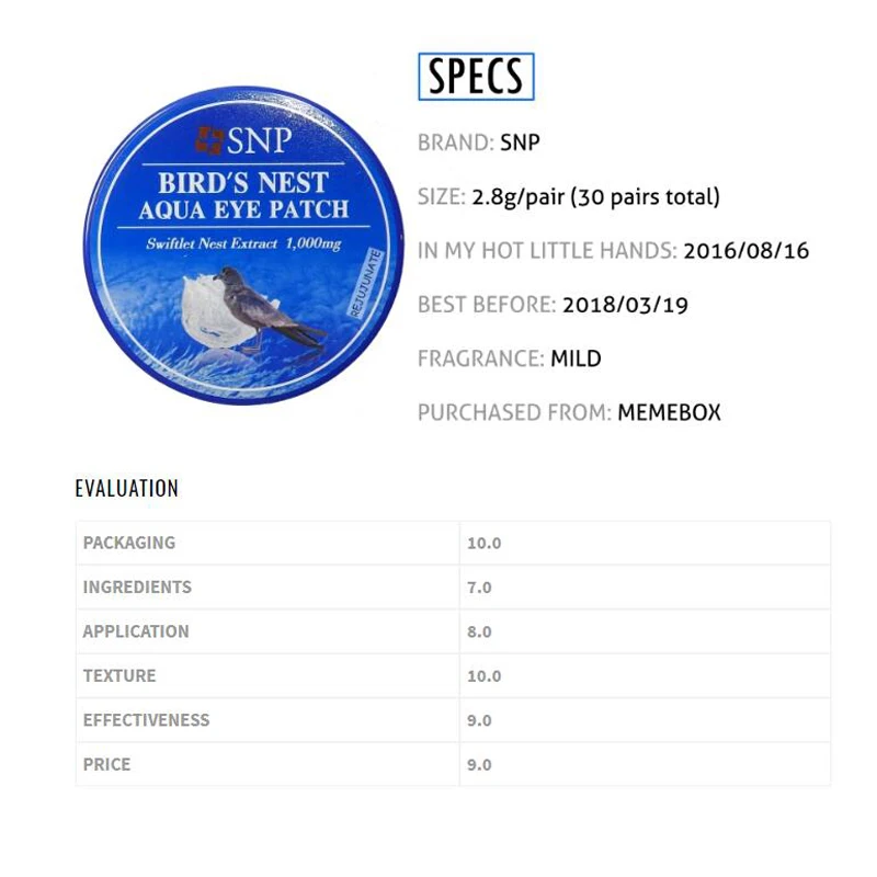 SNP 1000 mg Птичье гнездо Aqua Eye патч 60 пластырей с маска с гиалуроновой кислотой EGF против старения под маской для глаз
