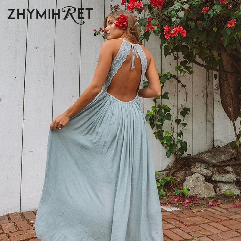 ZHYMIHRET 2018 V шеи спинки Холтер кружевное платье с воротником женское открытое Макси