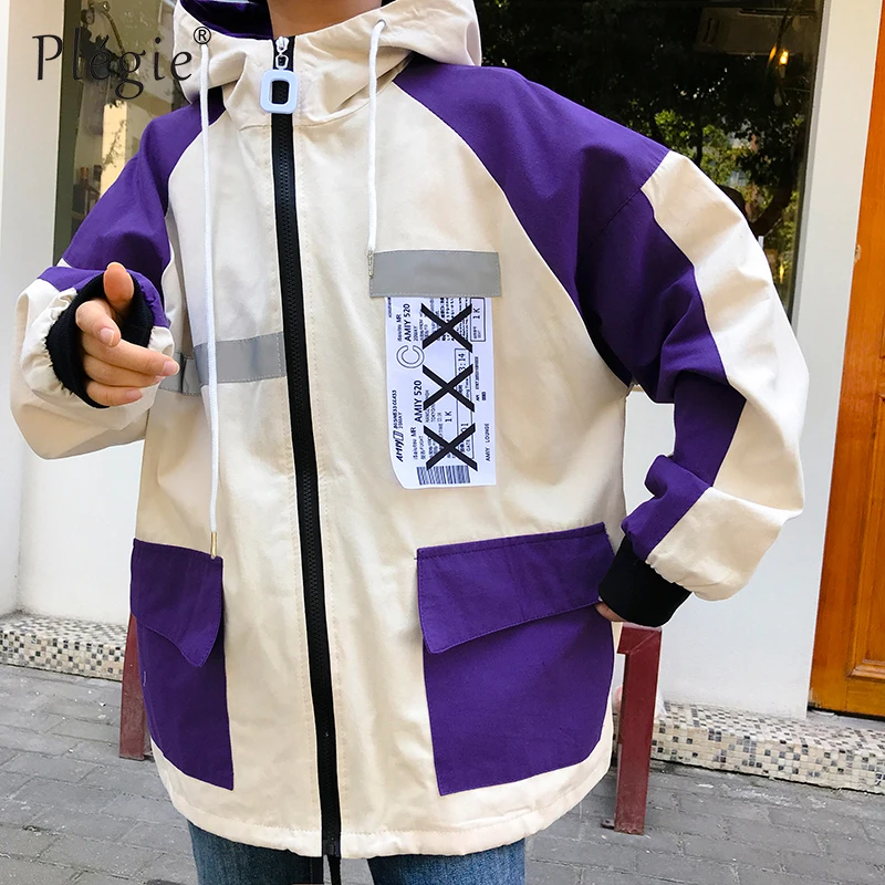 Plegie Harajuku Женская куртка большого размера в стиле пэчворк, весна, новая верхняя одежда, пальто в стиле хип-хоп, уличная одежда, свободные BF стильные куртки с капюшоном