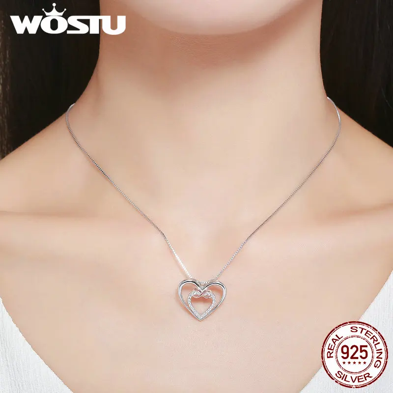 WOSTU бренд Аутентичные 925 пробы серебро Нежный сердце в сердце подвески для женщин ювелирные украшения подарок CQN121
