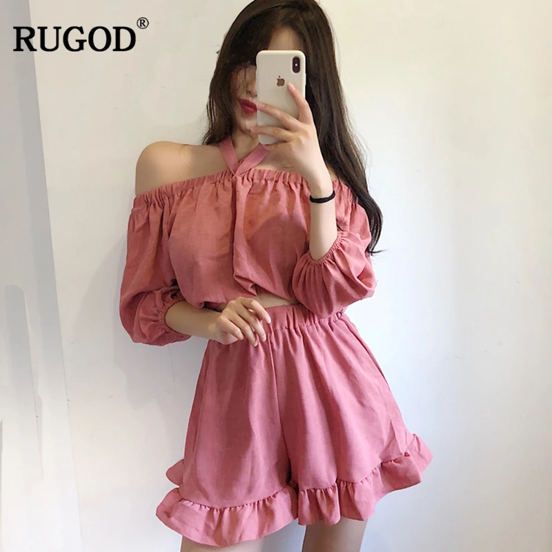 Женский Повседневный костюм RUGOD короткий топ с лямкой на шее и шорты 2