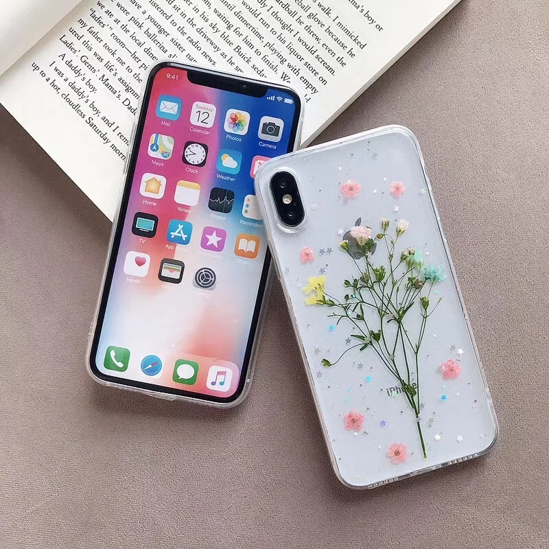 Чехол с высушенными настоящими цветами для iPhone X XS Max XR 6 6S 7 8 Plus прозрачная