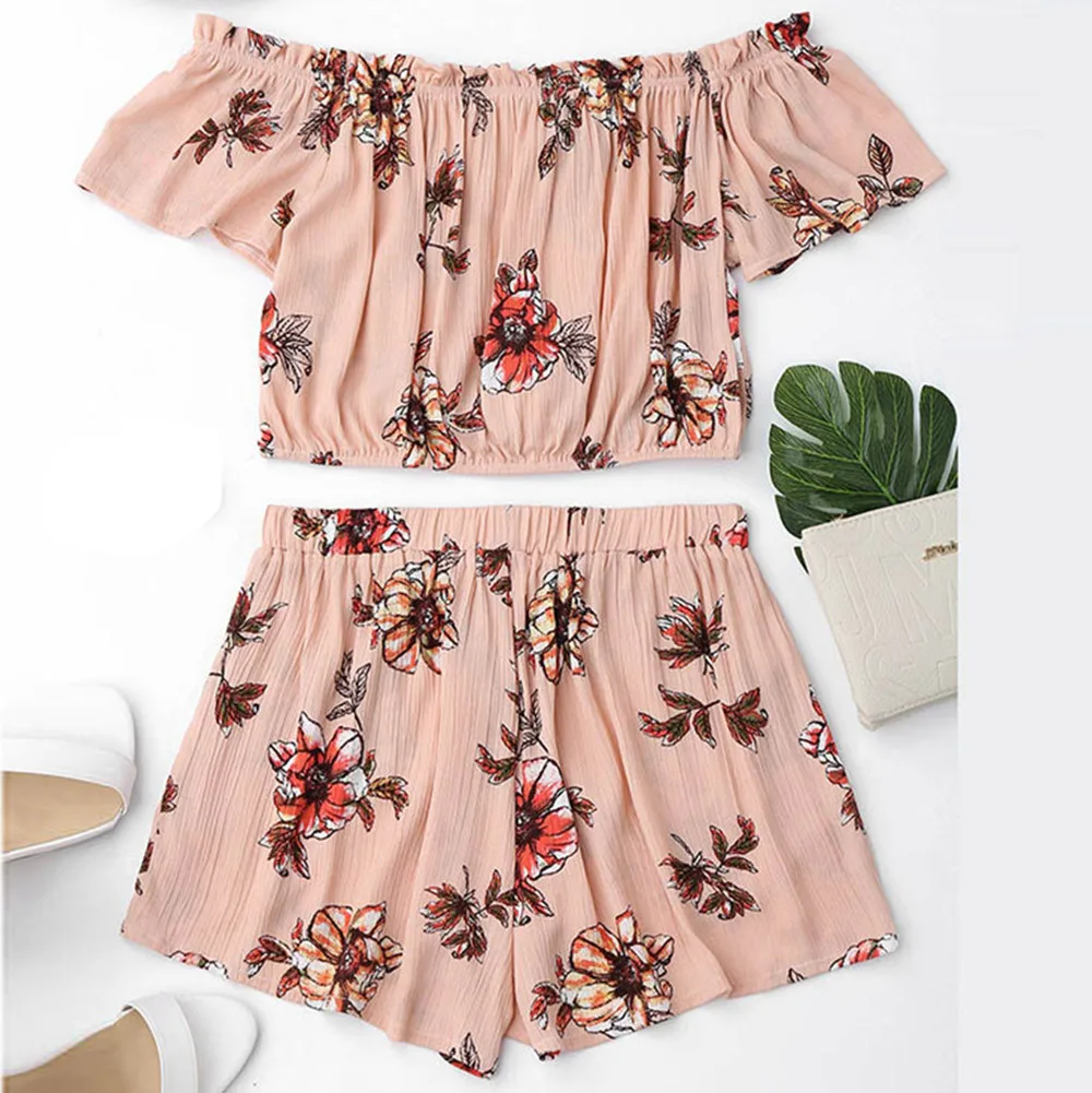 

Women's Casual Two Piece Set Women Off Shoulder Printed Beachwear Crop Tops Set A0320