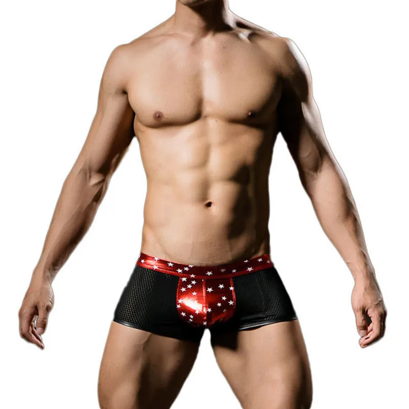 

New Men Boxers Star Printed Underwear Sexy Faux Leather Fashion Boxers Shorts Panties Tight Boy Satin Boxers Clubwear Nightwear