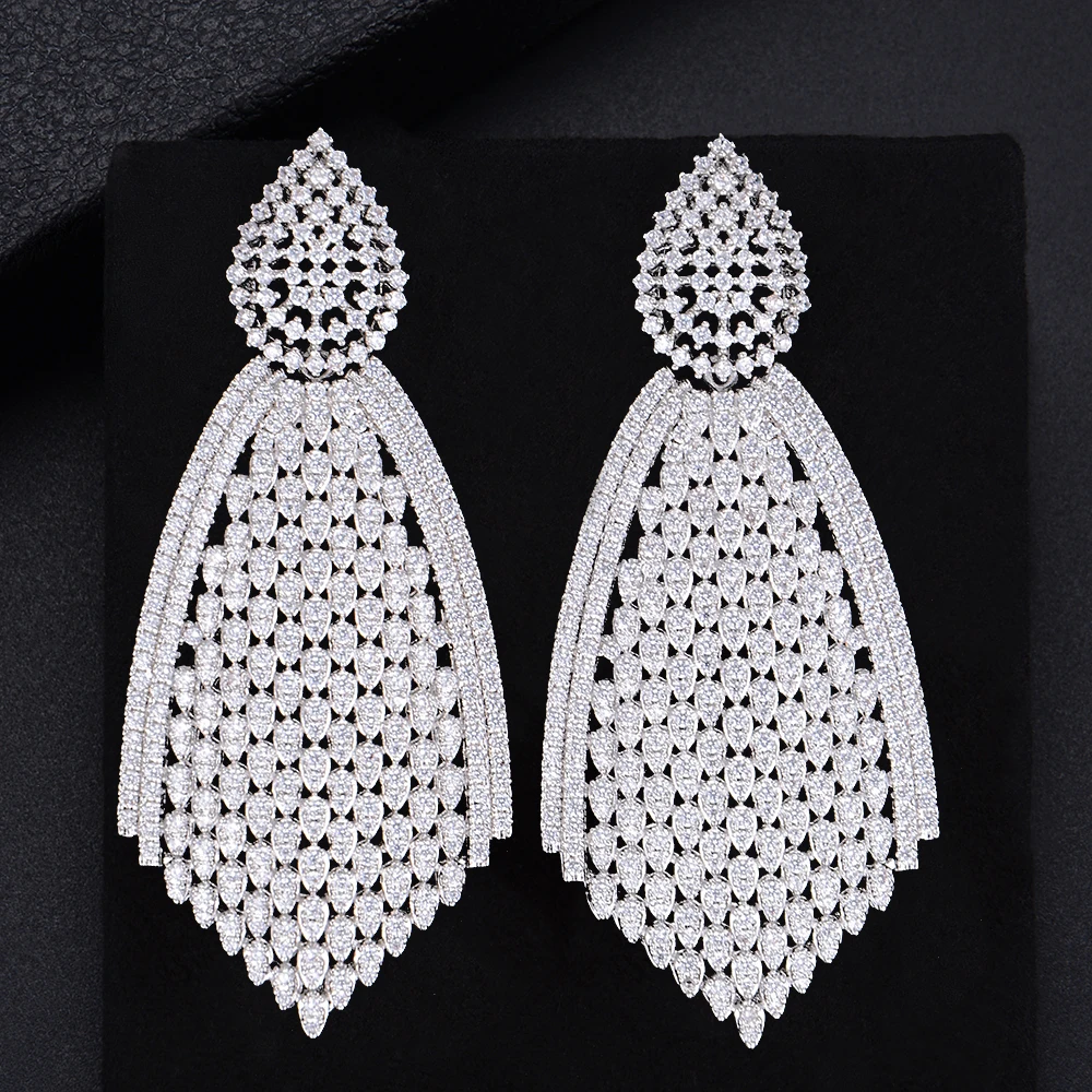 

66mm Trendy Geometry Drop Pierced Hollow Pendant Full Cubic Zirconia Dangle Earings Women Wedding Bridal Jewelry