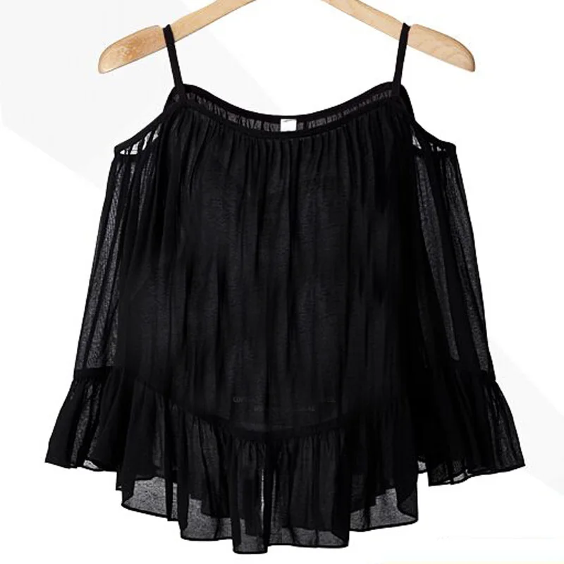 Женская блуза с длинным рукавом открытыми плечами и оборками |