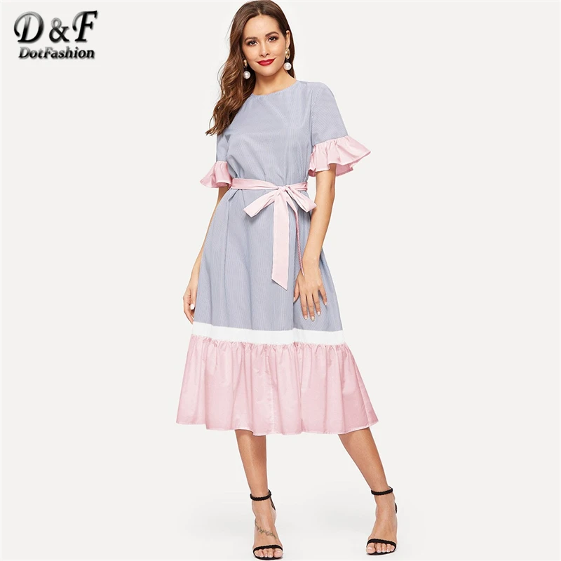 Dotfashion, платье в полоску с оборками по краям, с цветным блоком, с поясом, для женщин,, ТРАПЕЦИЕВИДНОЕ летнее платье, с оборками, с рукавом до локтя, платье миди