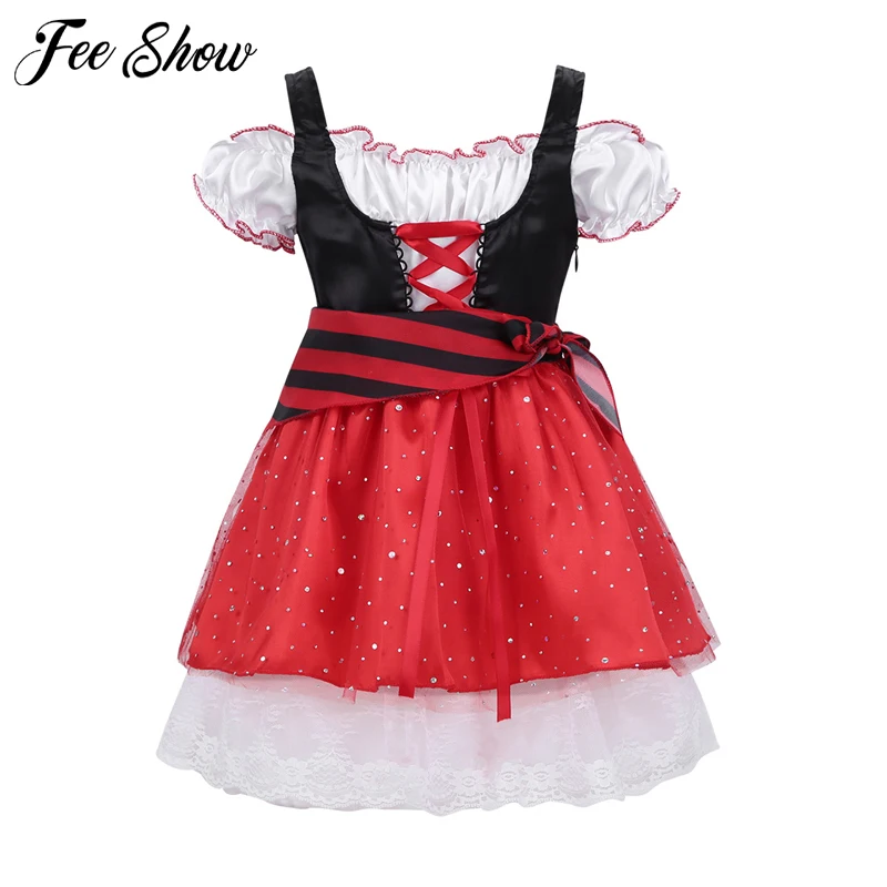 Kids Girls Halloween Christmas pirate costumes Glittery Sequins Off Shoulder Elastic Cosplay Fancy Party Tulle Dress | Детская одежда и