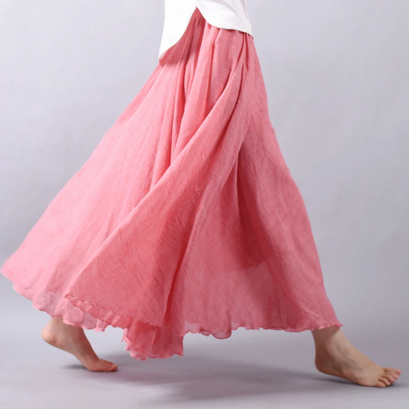 2018 New A-Line Women Linen Cotton Skirts Elastic Waist Two Layers Pleated Maxi Beach Boho Vintage Long Summer | Женская одежда