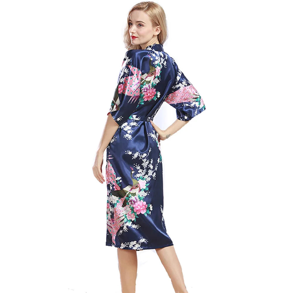 navyblue КИТАЙСКИЙ женский шелковый халат платье сексуальное кимоно юката платье павлин и цветок печатных пижамы длинный стиль атласные халаты для невесты LP - Цвет: navyblue