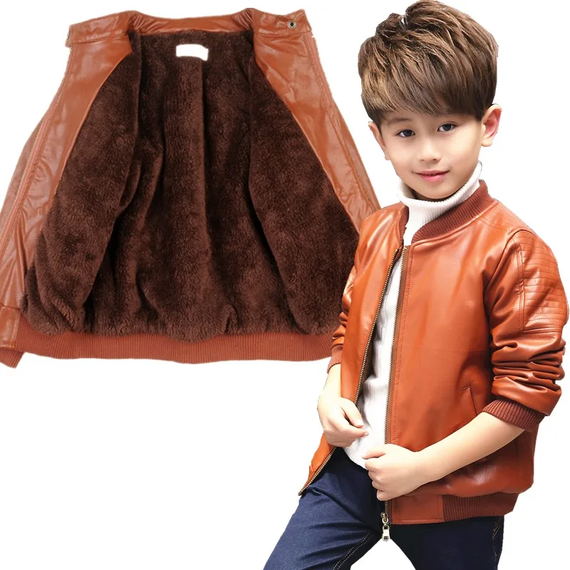 Brown Faux fur inner Детская куртка из искусственной кожи; куртка для мальчиков; Верхняя одежда для девочек; детские кожаные куртки; Jongens jas; весенне-осеннее пальто; зимняя куртка с подкладкой из искусственного меха - Цвет: Brown Faux fur inner