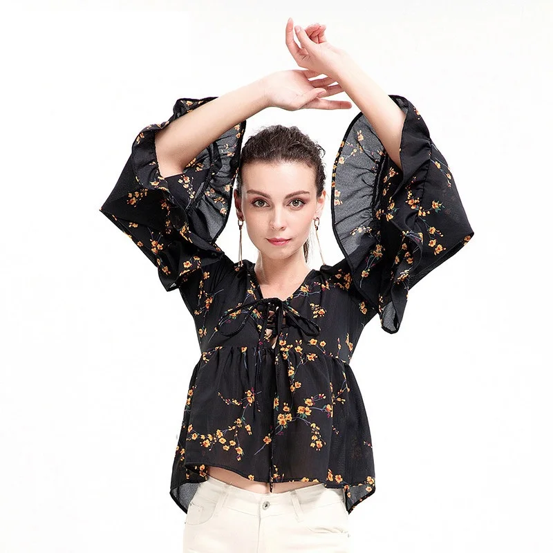 Красочные Цветочный принт шифоновая футболка одежда с длинным рукавом Женские