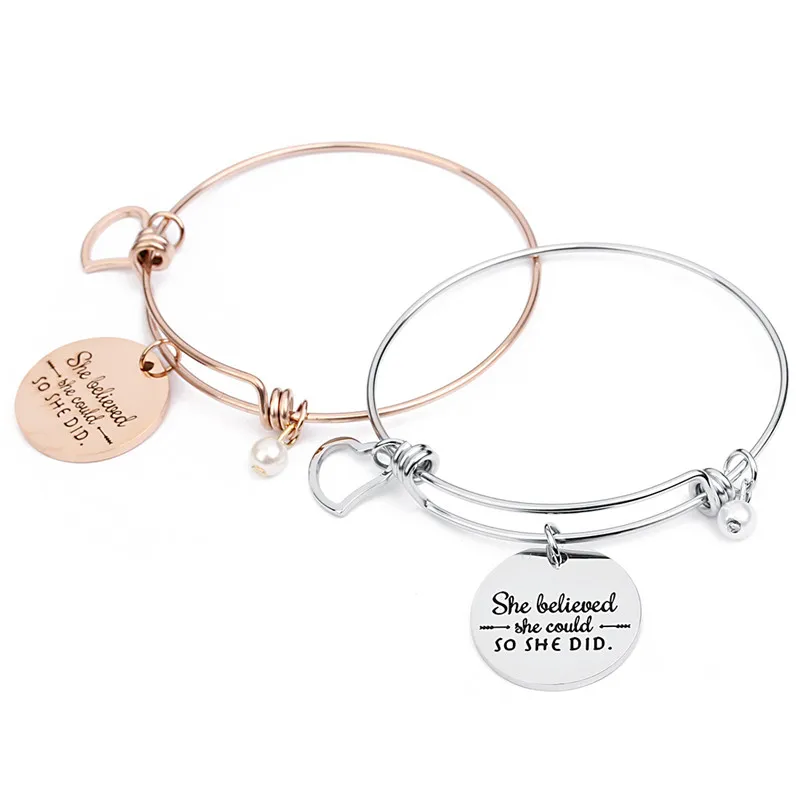 XINYAO Stainless Steel Round Heart Pearl Charms Bangle Bracelet Engraved She Believed Could So Did Love Bracelets Femme | Украшения и