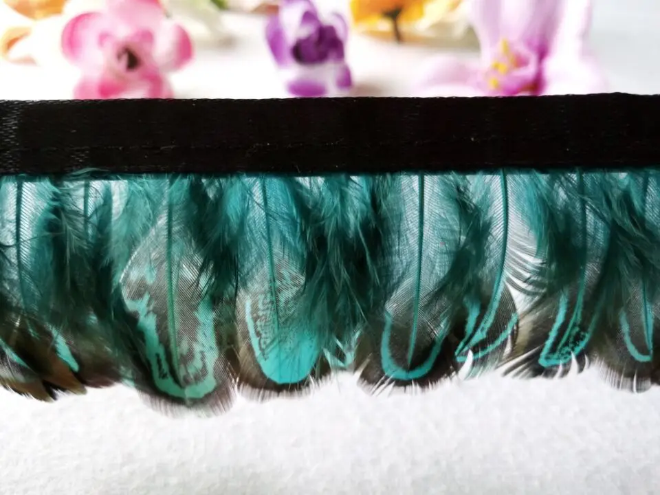 Тканевый пояс с перьями фазаны Синий тканевый длиной 10 метров ширина около 50 мм