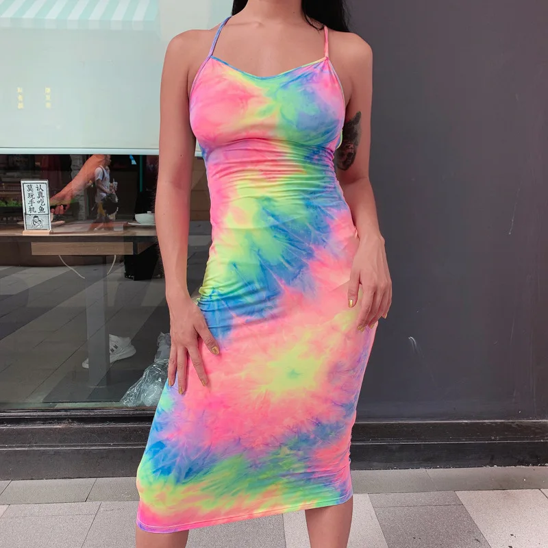 Фото Сексуальное платье с радужным принтом Tye Dye летнее облегающее - купить