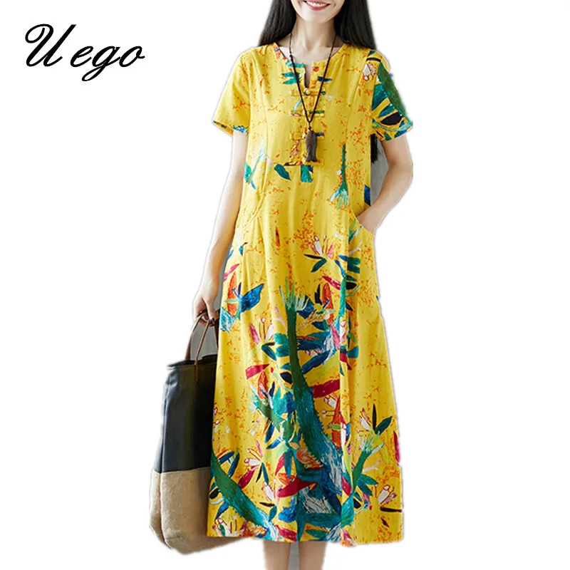 yellow Uego хлопковое льняное свободное летнее платье с модным цветочным принтом в китайском стиле, Новое поступление, женское Повседневное платье миди - Цвет: yellow