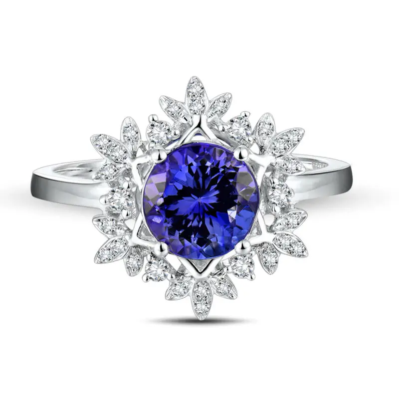 Loverjewelry Винтаж Круглый 7x7 мм Solid 18 К белого золота природных алмазов натуральный Танзанит обручение кольцо для женщин ювелирные украшения
