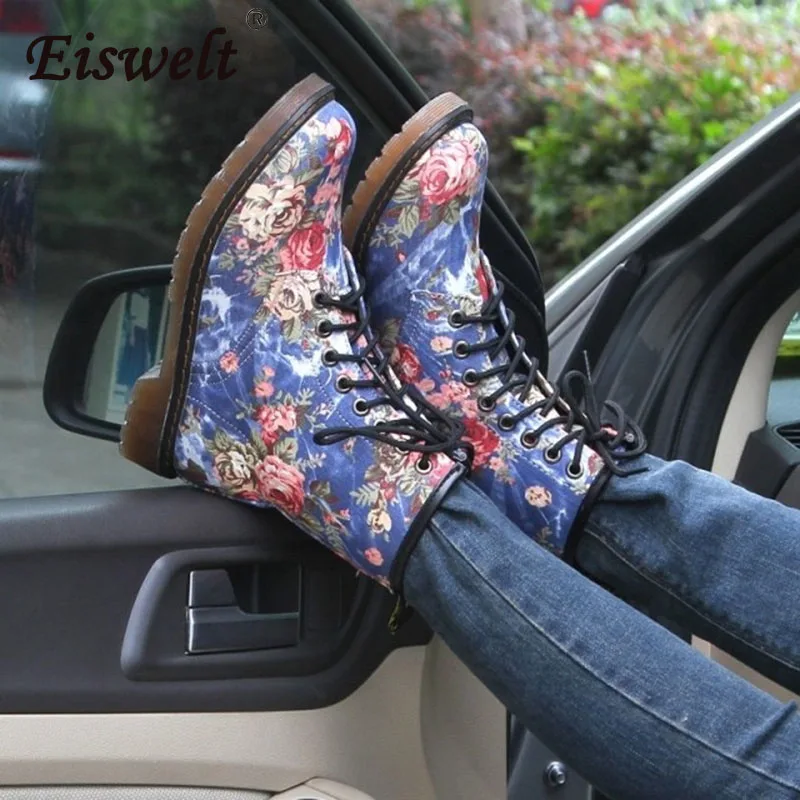 EISWELT Woman Martin Boots Fashion Flower Shoes Lace Up Motorcycle Oxfords Flats Ankle for Women Flat with Autumn Winter | Обувь