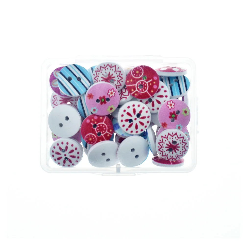 

KOKNIT Cute Flowers Painted Wooden Decoration Buttons & Frames Clothing Sewing Accessories 50pcs Buttons With Box For Women Mom