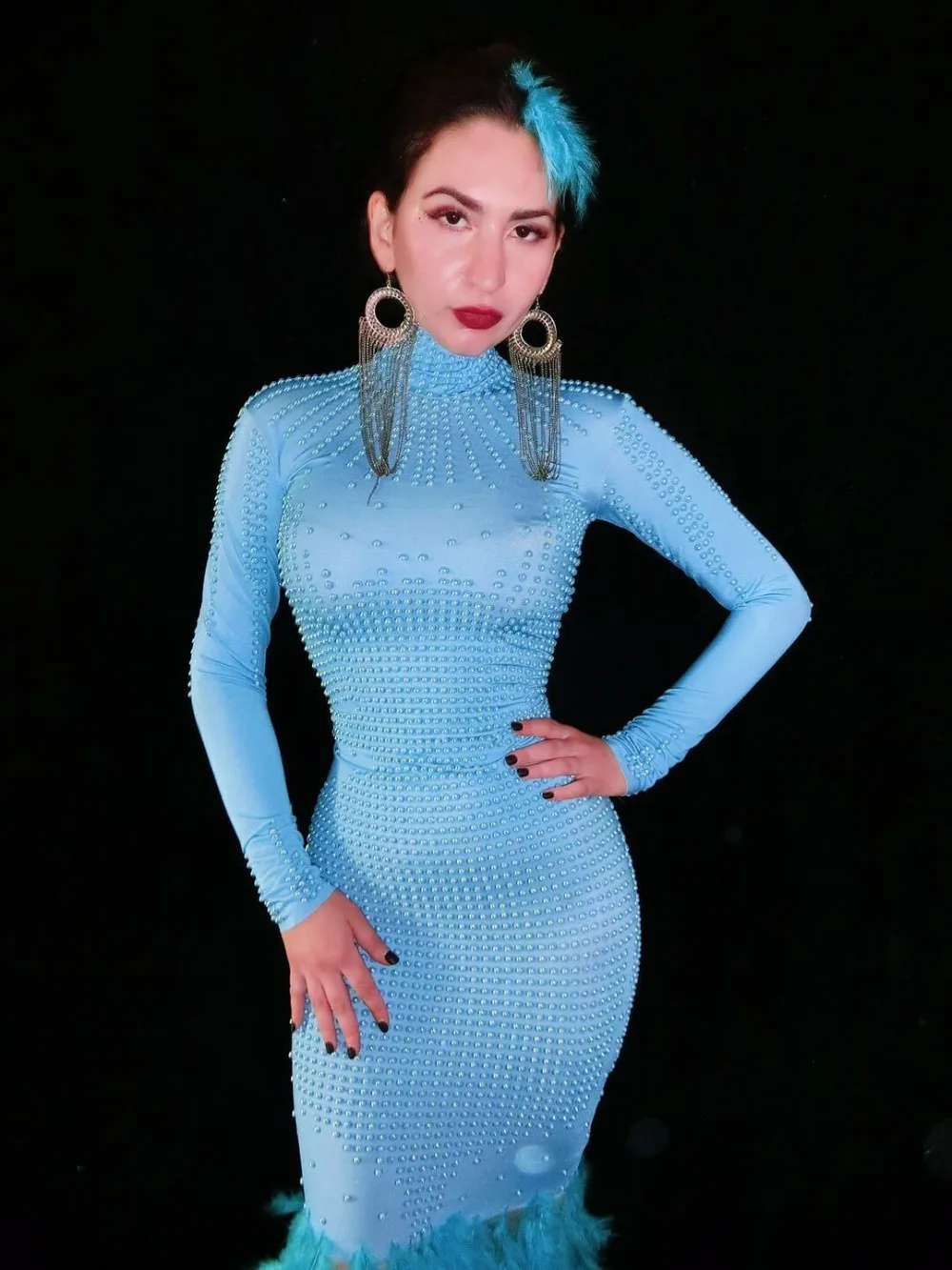 Высокое качество Высокая эластичность синий перо Bodycon Труба платье Dj вечерние костюмы певицы платье