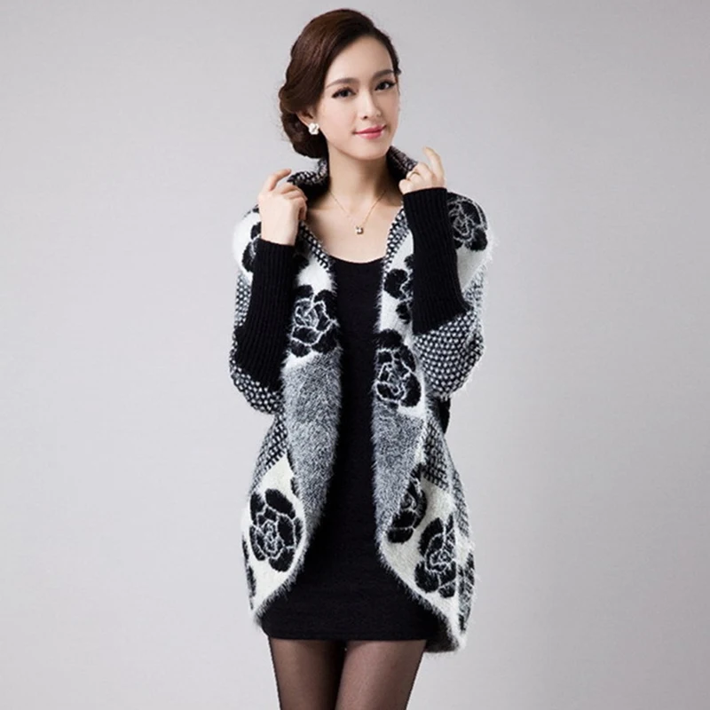 New Spring Autumn Women Korean Fashion Flower Mohair Knit Shawl Cardigan Sweater styleFemale Medium Long Sweaters WKM557 |