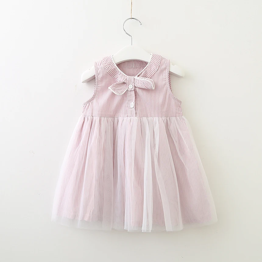 Hurave bow striped botton mesh summer Baby Girls Dress Clothes Children Sleeveless Kids Crew Neck causal Dresses | Детская одежда и